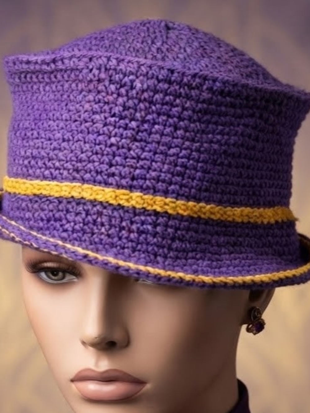 Purple Crochet Bucket Hat with Yellow Trim - Women Accessories